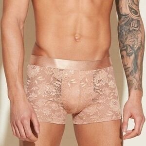 Cosabella Mens Never Say Never Lace Boxer Briefs Tan Floral Metallic Waistband